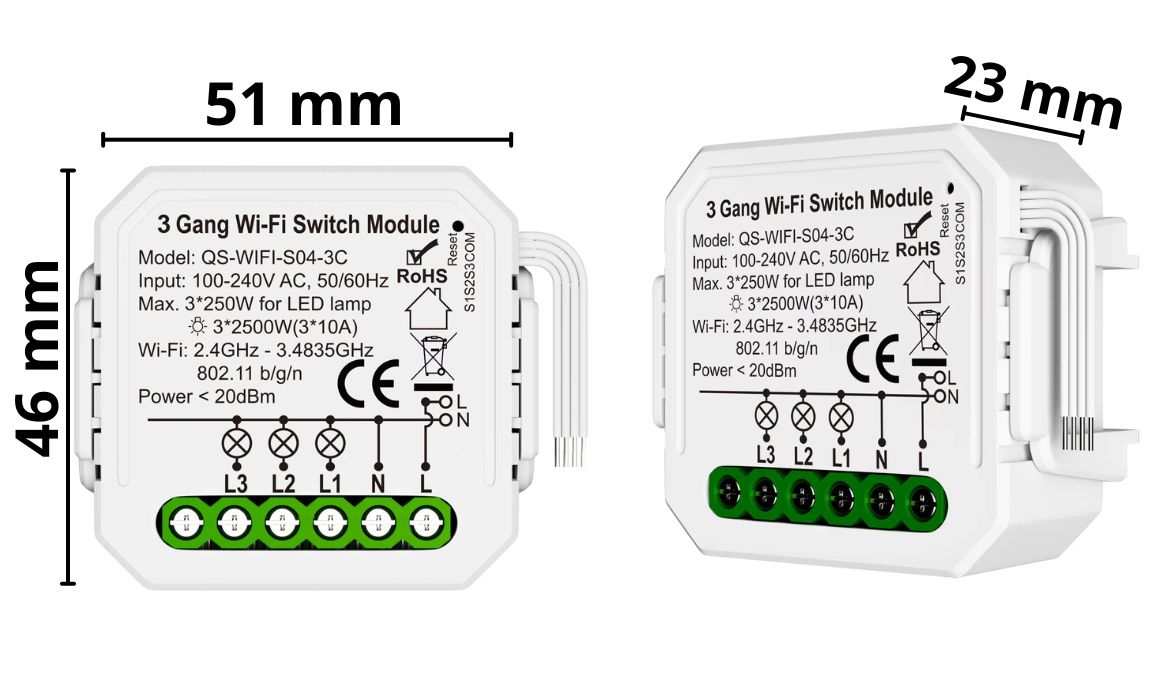 3 KANAŁOWY Przekaźnik WIFI światła TUYA DOPUSZKOWY podwójny MINI V3 wymiary_przekaznika