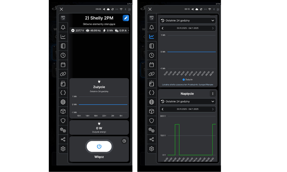 Shelly 2PM Gen4–przekaźnik 2x10A WiFi Zigbee Matter z pomiarem i sterowaniem roletami pomiar_energii
