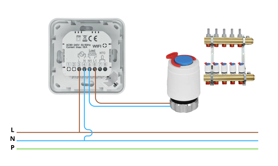 Termostat WIFI Sterownik ogrzewania Tuya TE-1W przewodowy do podłogówki Schemat_podlaczenia_-_wodne