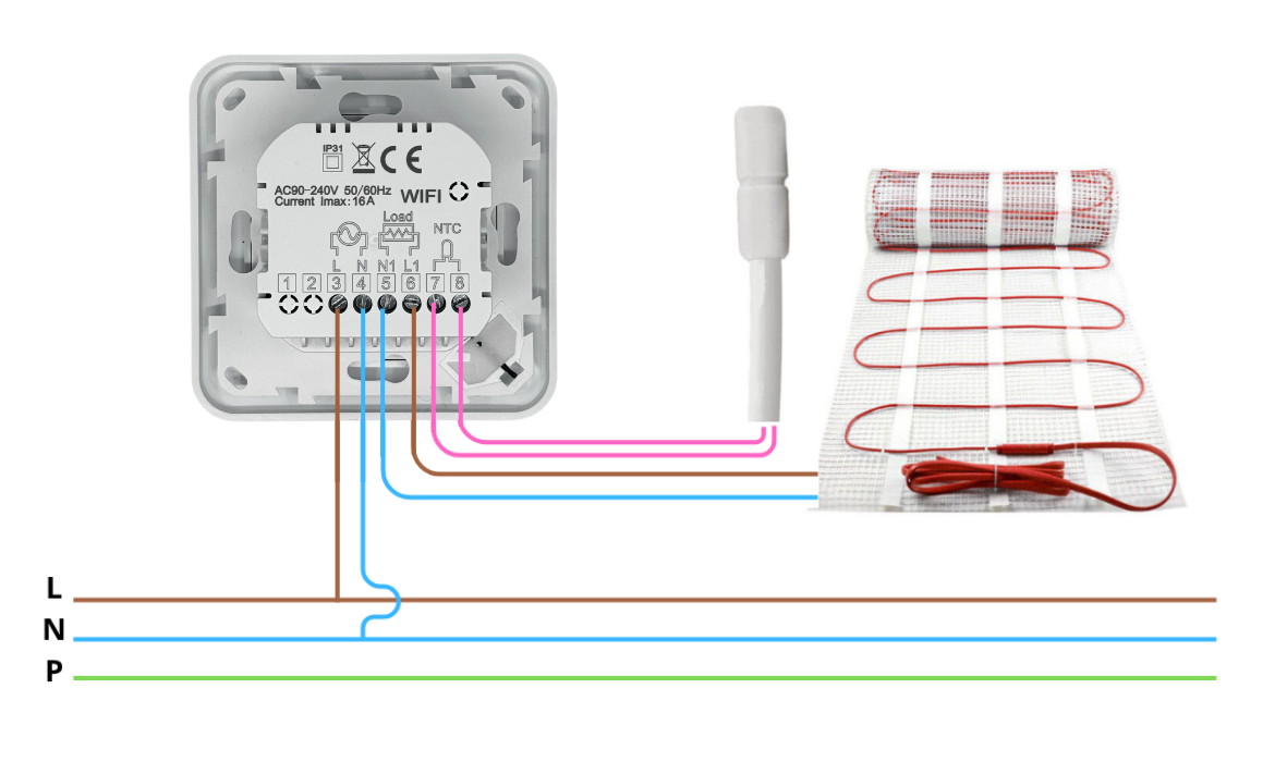 IP 31 Termostat WIFI Sterownik ogrzewania Tuya TE-1W przewodowy do podłogówki schemat_elektryczne