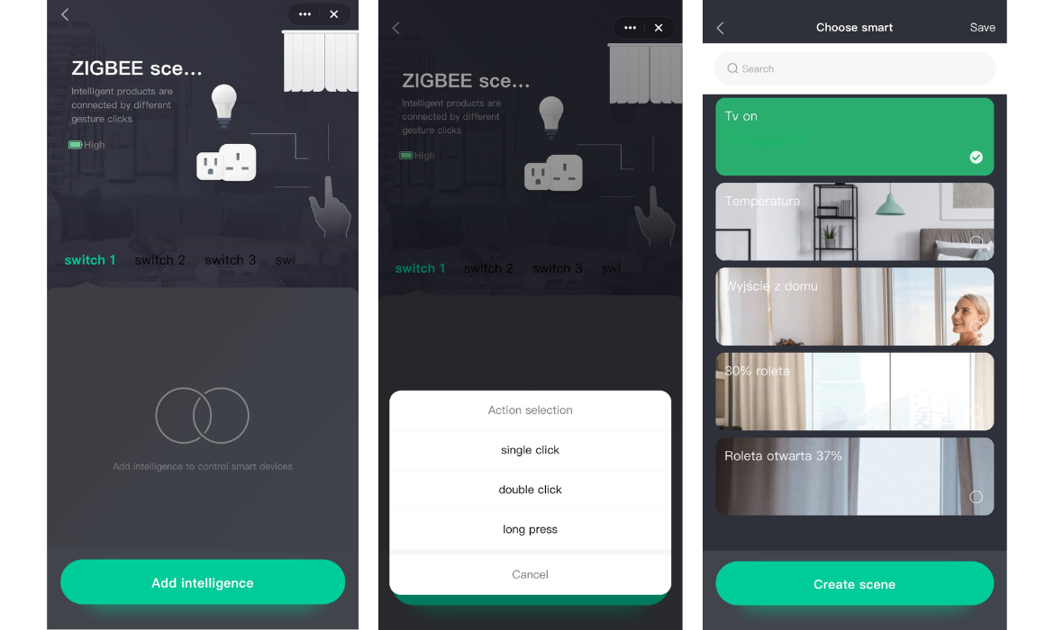 Pilot scen Zigbee 3.0 TUYA CZARNY smart DO ROLET oświetlenia 4 Przyciski Dodawanie_inteligentnych_scen_w_apliakcji_tuya