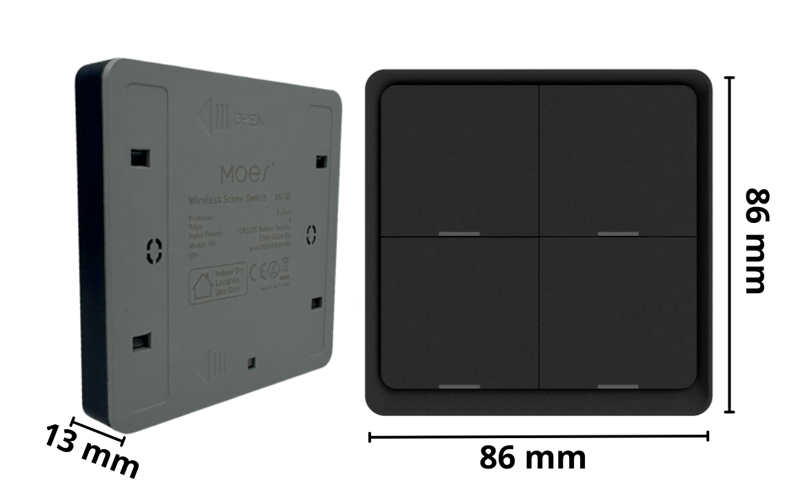 Pilot scen Zigbee 3.0 TUYA CZARNY smart DO ROLET oświetlenia 4 Przyciski Wymiary_przycisku_nasciennego_na_baterie