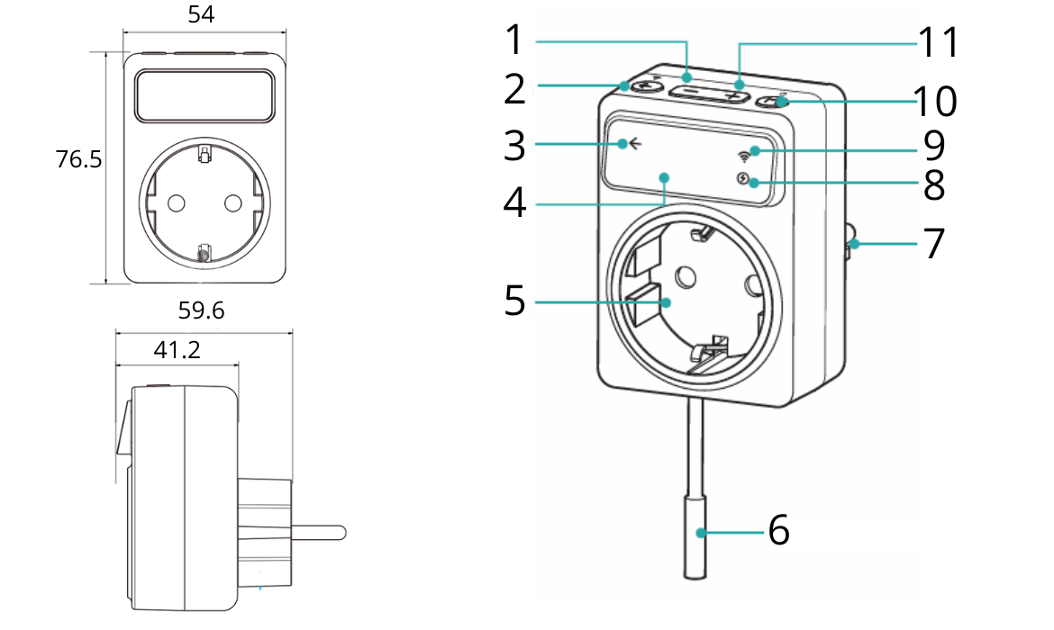 Inteligentne gniazdko termostat Wifi 16A dwa sensory wyświetlacz LED Wymiary_i_opis_gniazdka_z_funkcja_termostatu