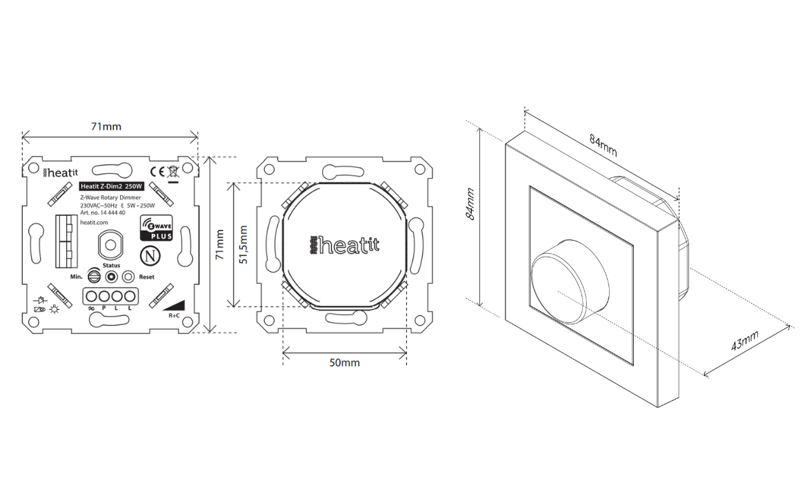 Heatit Z-Dim2 250W  Z-Wave Rotary Dimmer wymiary_dimmera_wave