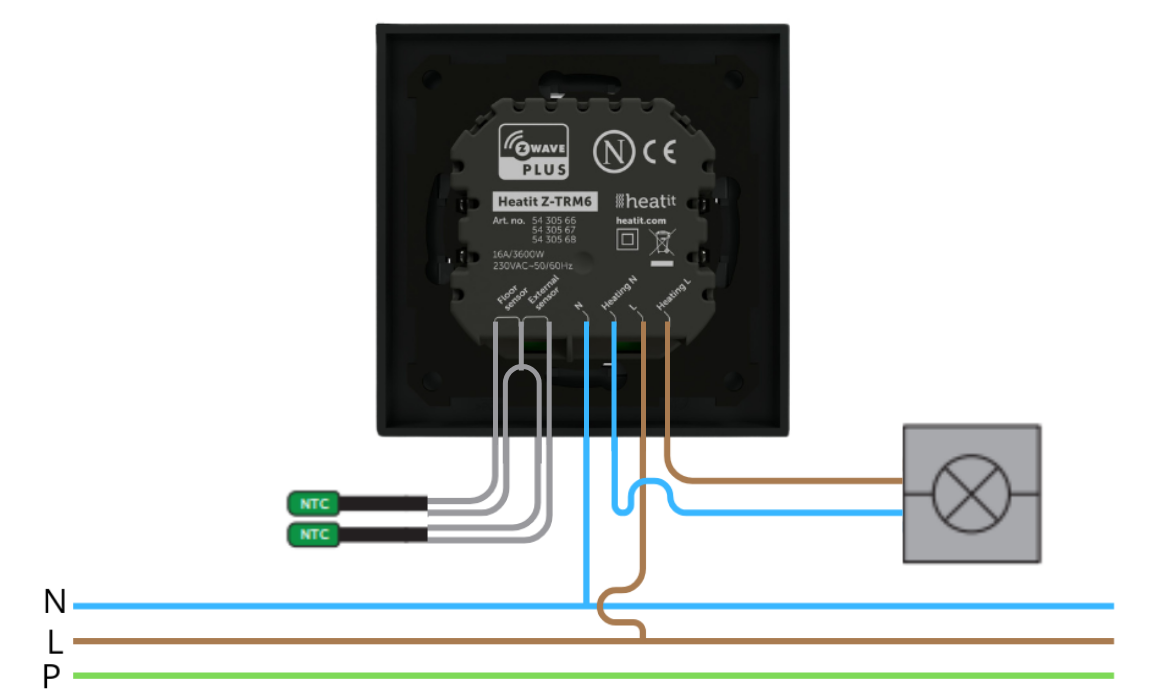   Heatit Z-TRM6 Black matt  Z-Wave thermostat 3600W 16A 868.4 MHz Schemat_podlaczenia