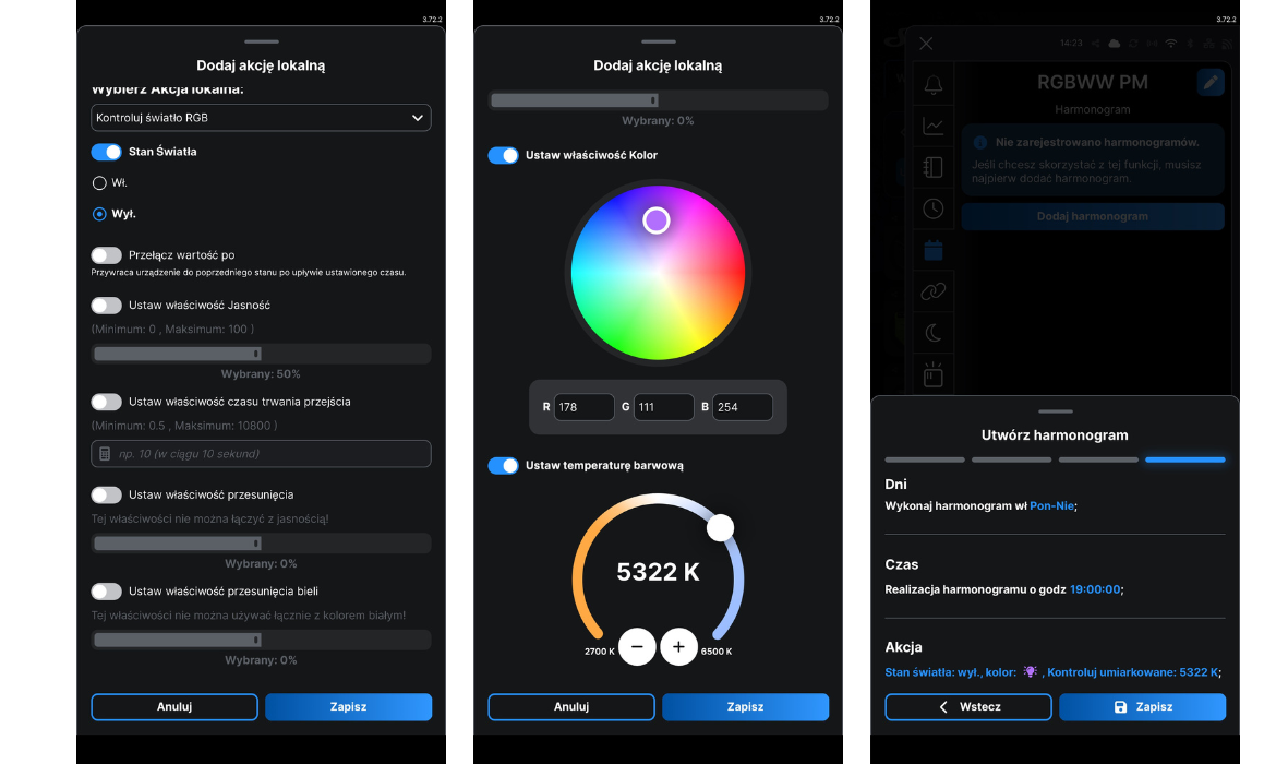 Shelly Pro RGBWW PM – 5-kanałowy sterownik LED DIN z pomiarem mocy Profile_pracy_w_aplikacji_shelly_ustawienia_zaawansowane_RGBWW