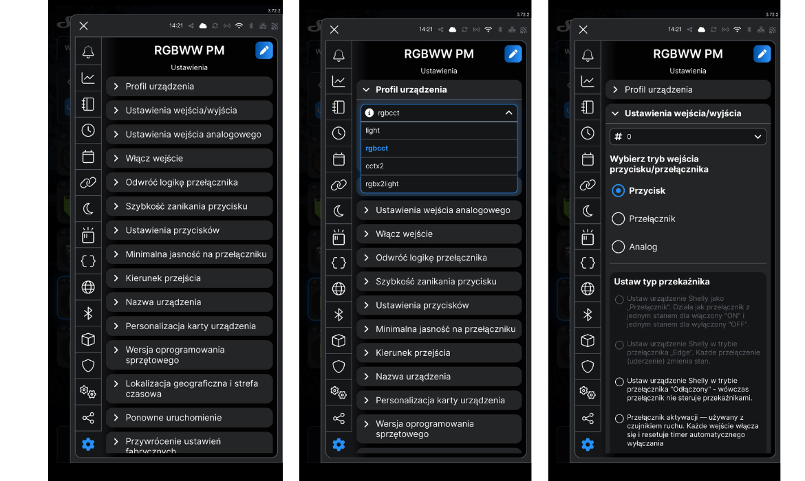 Shelly Pro RGBWW PM – 5-kanałowy sterownik LED DIN z pomiarem mocy Profile_pracy_w_aplikacji_shelly_ustawienia_zaawansowane_RGBWW