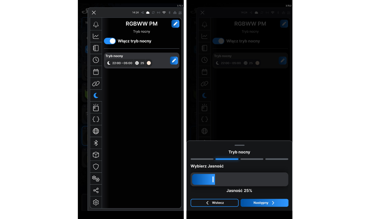 Shelly Pro RGBWW PM – 5-kanałowy sterownik LED DIN z pomiarem mocy Profile_pracy_w_aplikacji_shelly_ustawienia_zaawansowane_RGBWW