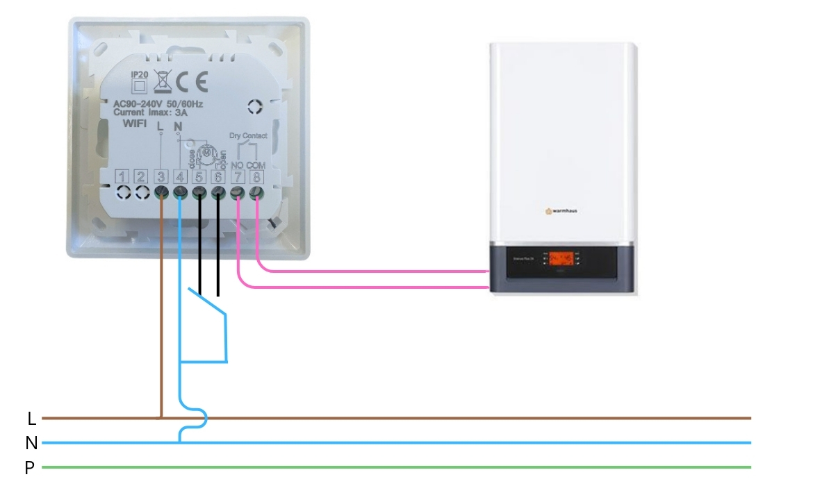 Termostat WIFI bez napięciowy Sterownik ogrzewania Tuya TE-0W przewodowy do Pieca 91-schemat_podlaczenia_2