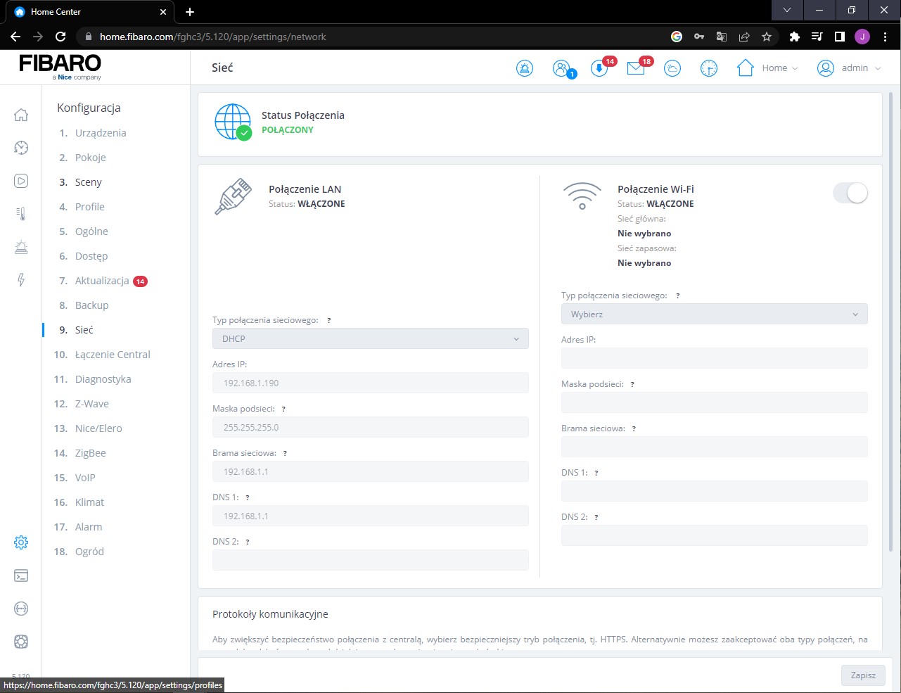 Menu główne Fibaro ustawienia sieć 