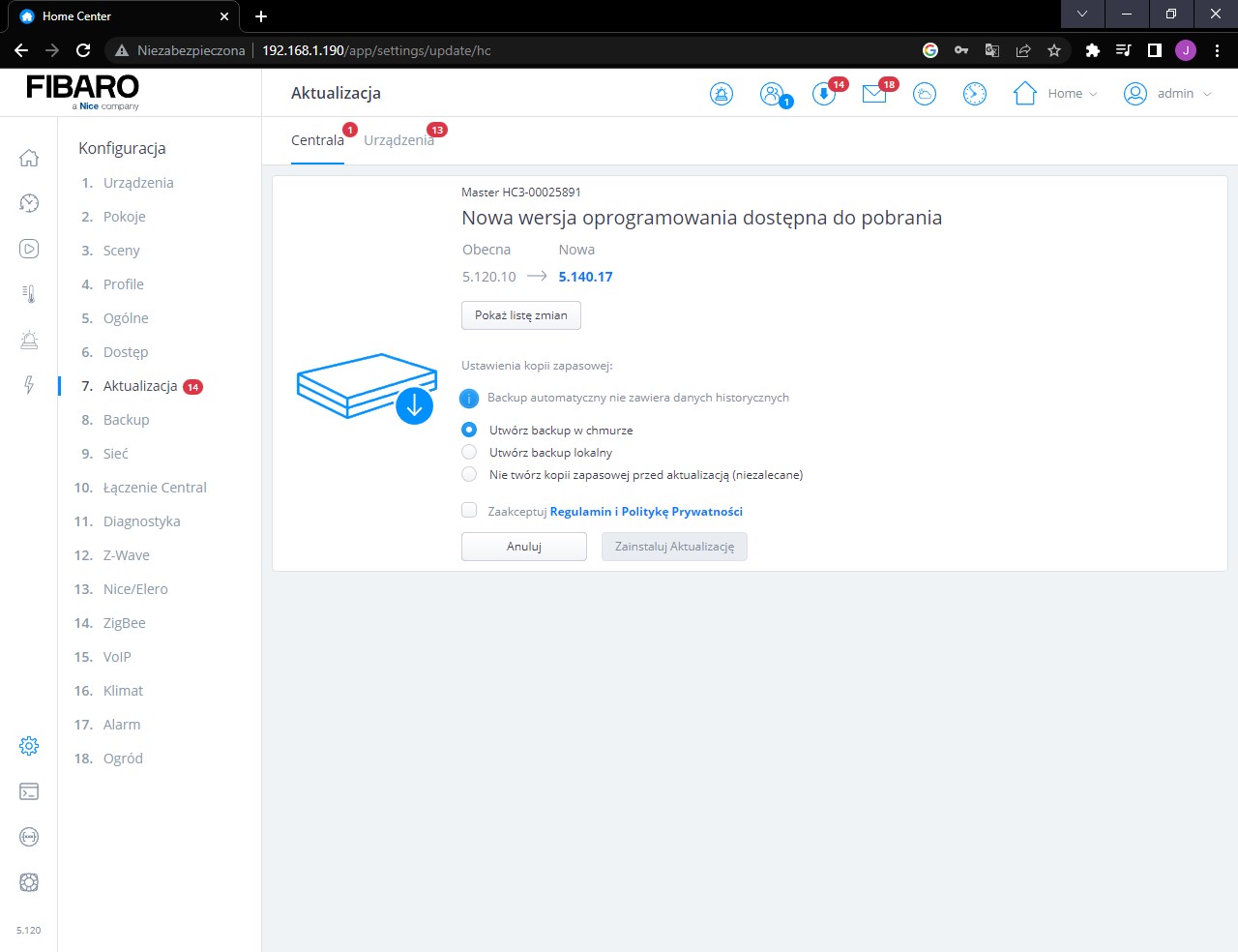 Aktualizacja centrali Fibaro - tworzenie kopii zapasowej 