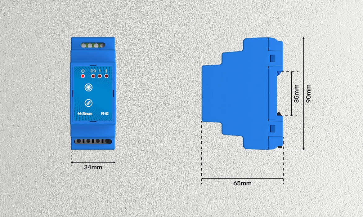 AA Przekaźnik na szynę DIN PS-02 NIEBIESKI bezprzewodowy TECH WTP PS_02_wymiary