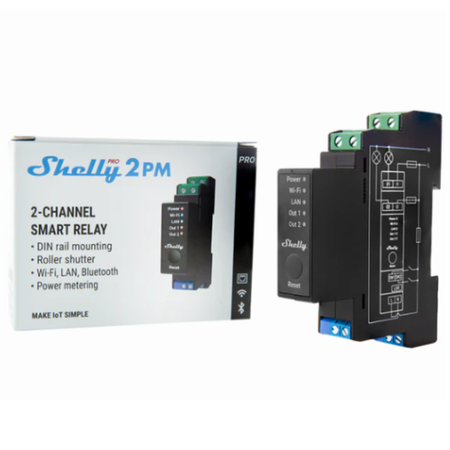 Shelly Pro 2PM v.1 przełącznik DIN do rolet i obwodów z pomiarem energii