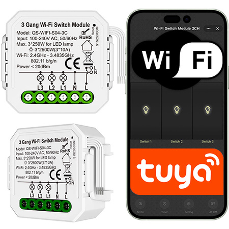 Przekaźnik WiFi 3-kanałowy Tuya Smart Life sterownik oświetlenia dopuszkowy