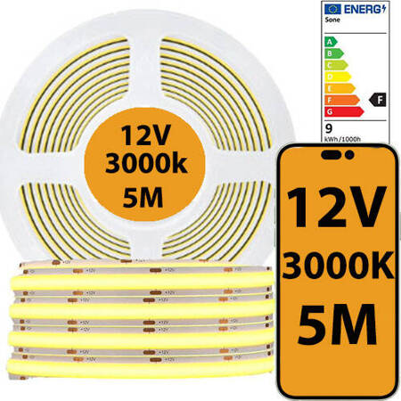 Taśma LED COB 12V 5M rolki NEON pasek 3000K ciepła 900lm/m 9W/m mocna