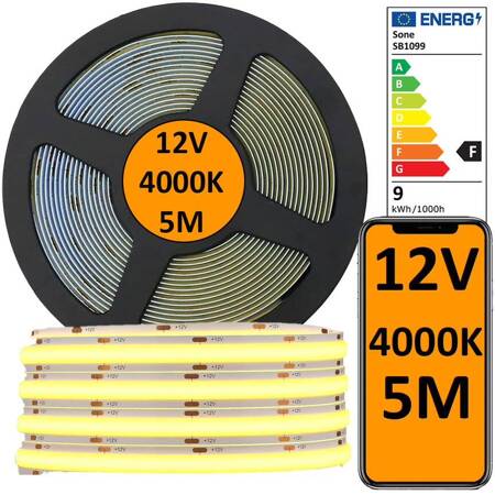 Taśma LED COB 12V 5M rolki NEON pasek 4000K neutralna 900lm/m 9W/m mocna